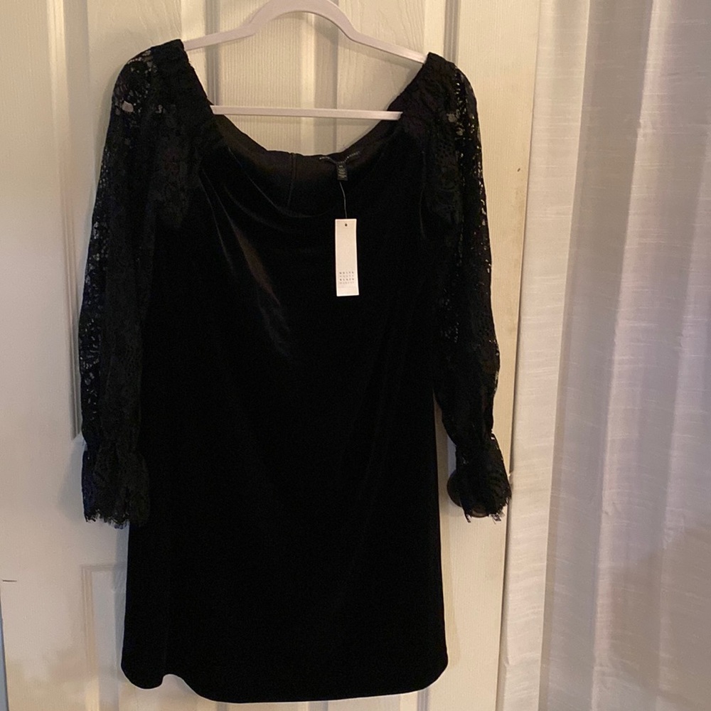 NWT White House Black Market velvet mini dress with lace sleeves size 14
